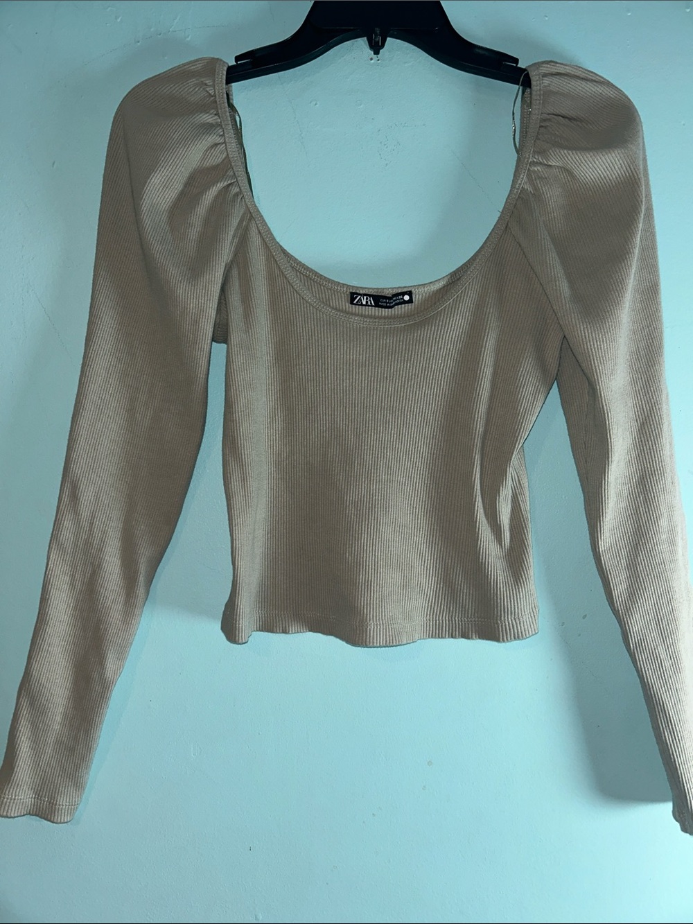 Zara Taupe Ribbed Long Sleeve Scoop Neck Top